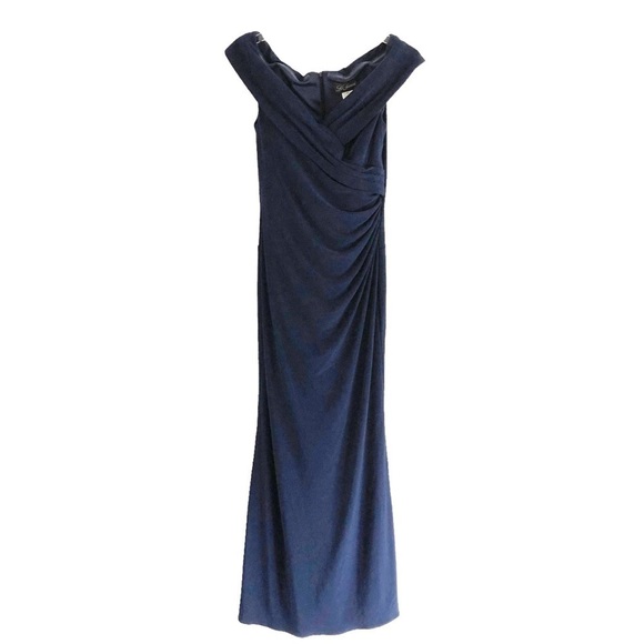 La Femme Off Shoulder Navy Blue Formal Gown - Picture 4 of 14